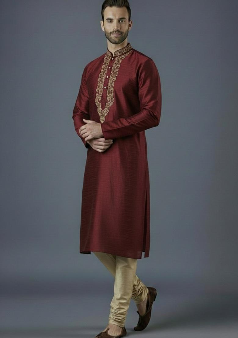 Maroon Embroidered Silk Kurta Set For Men - Indya