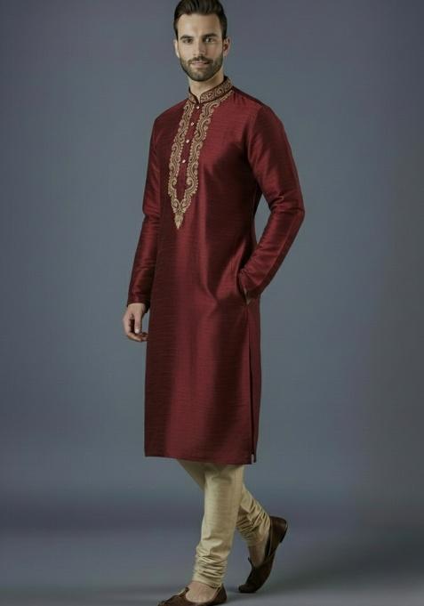 Maroon Embroidered Silk Kurta Set For Men