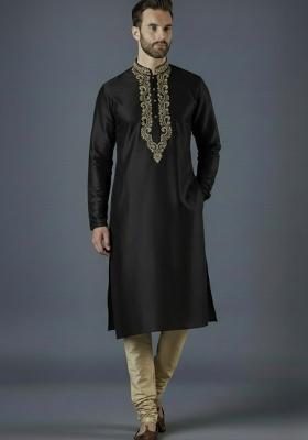 Black Embroidered Silk Blend Kurta Set For Men