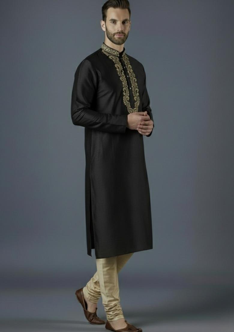 Black Embroidered Silk Kurta Set For Men - Indya