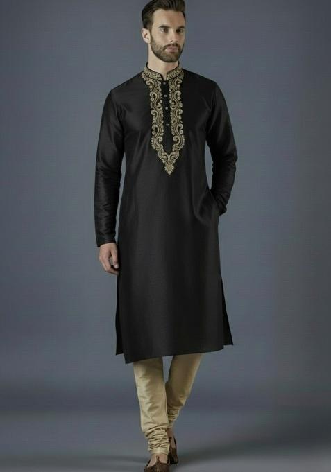Black Embroidered Silk Kurta Set For Men