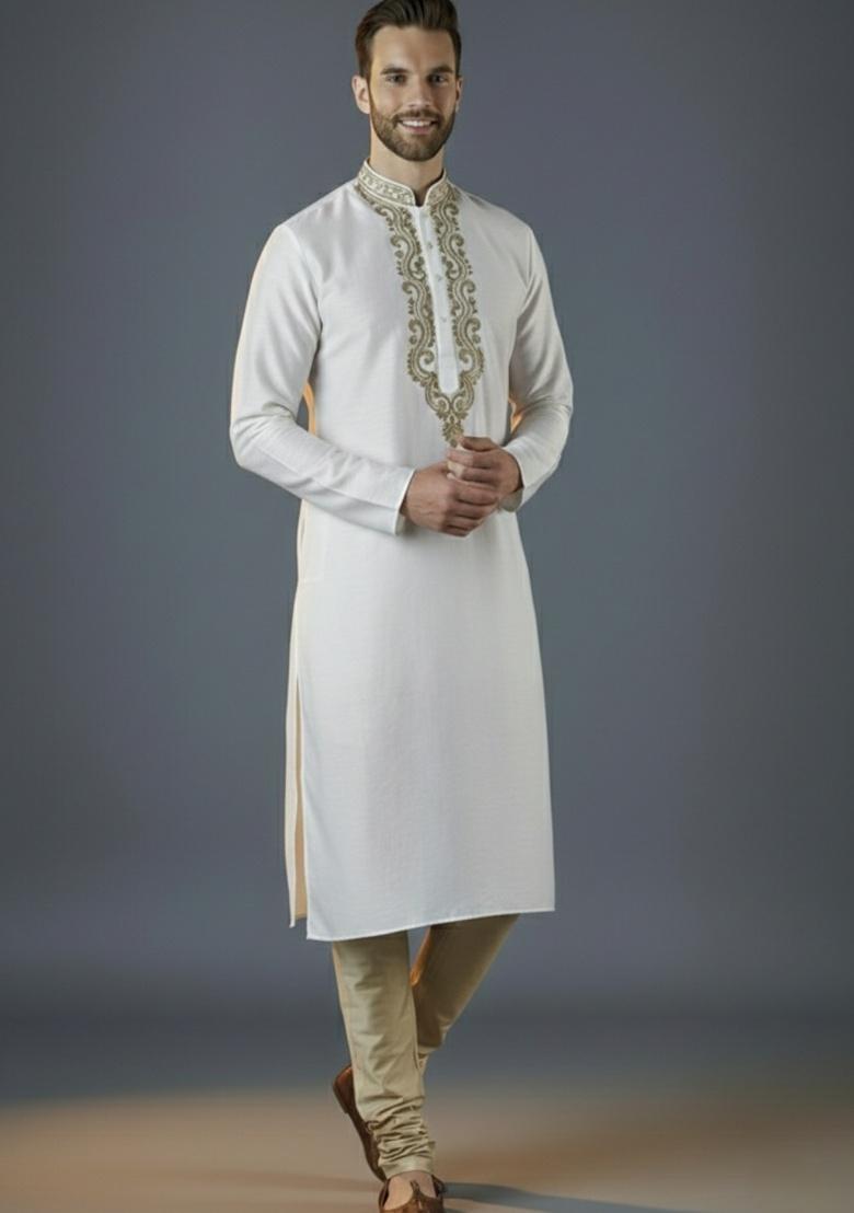 White Embroidered Silk Kurta Set For Men - Indya