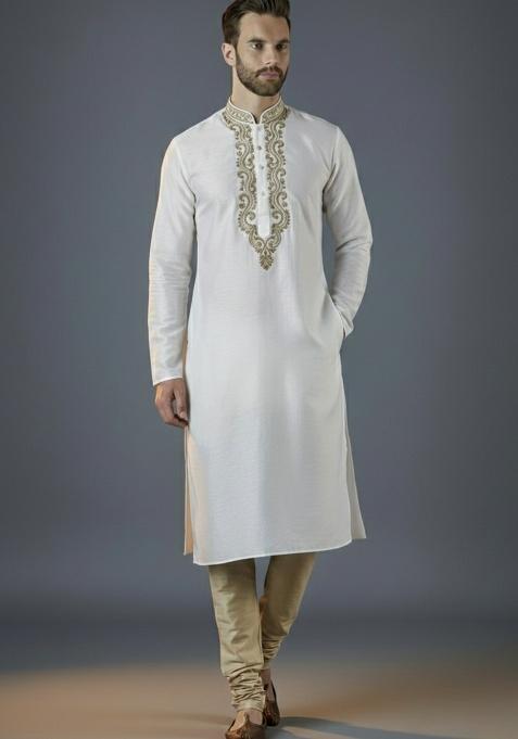 White Embroidered Silk Kurta Set For Men