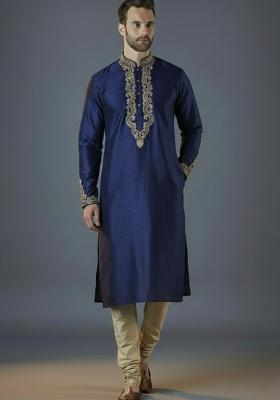 Royal Blue Embroidered Silk Kurta Set For Men