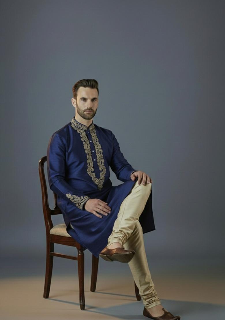 Royal Blue Embroidered Silk Kurta Set For Men - Indya
