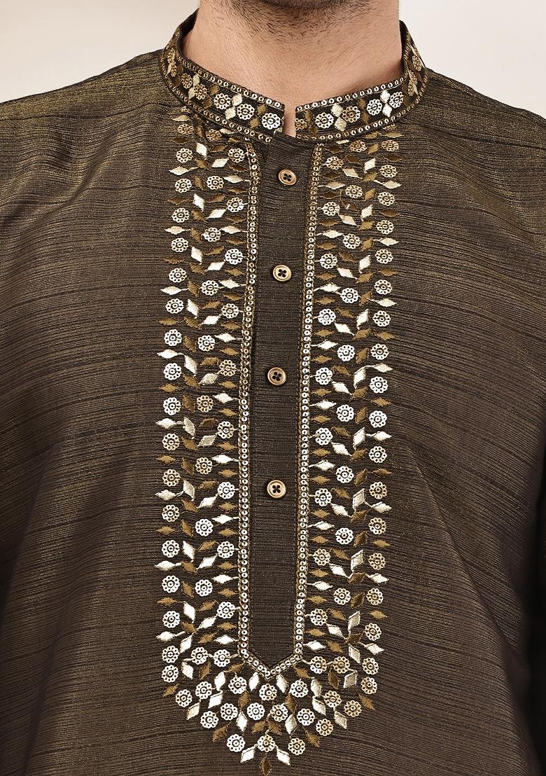 Moss Green Embroidered Viscose Kurta For Men - Indya