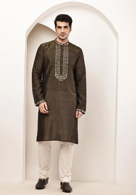 Moss Green Embroidered Viscose Kurta For Men