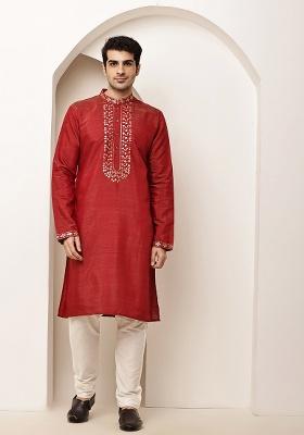 Red Embroidered Viscose Kurta For Men