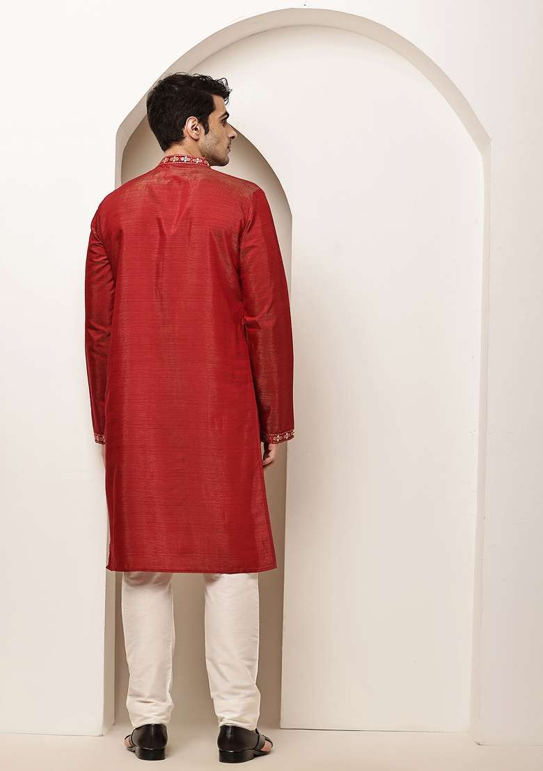 Red Embroidered Viscose Kurta For Men - Indya