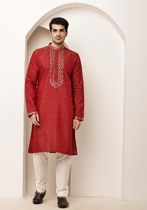 Red Embroidered Viscose Kurta For Men