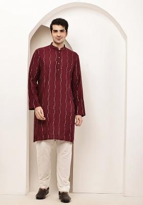 Maroon Embroidered Viscose Kurta For Men