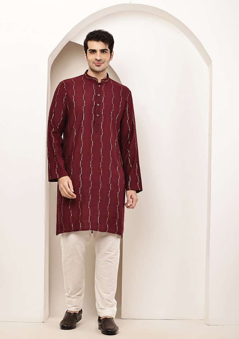 Maroon Embroidered Viscose Kurta For Men - Indya