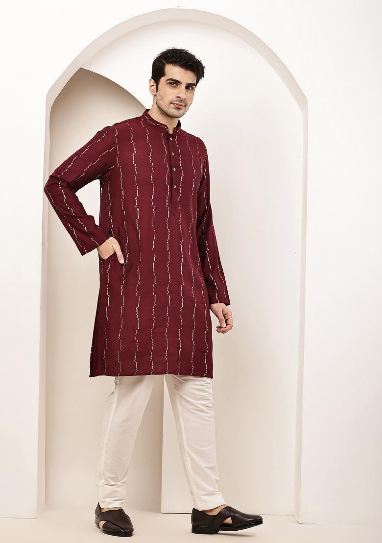 Maroon Embroidered Viscose Kurta For Men - Indya