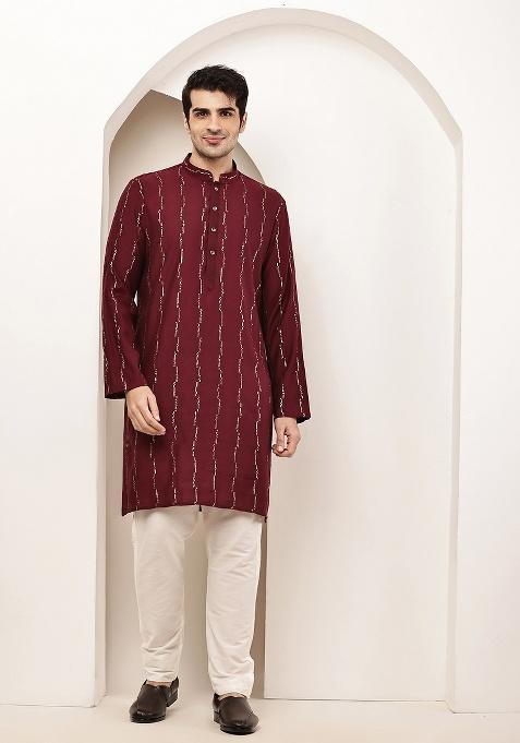 Maroon Embroidered Viscose Kurta For Men