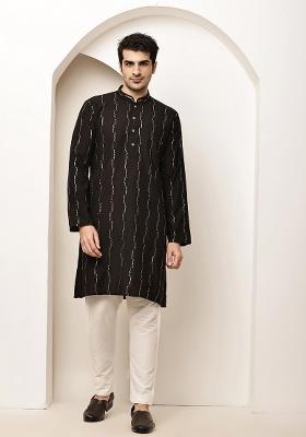 Black Embroidered Viscose Kurta For Men