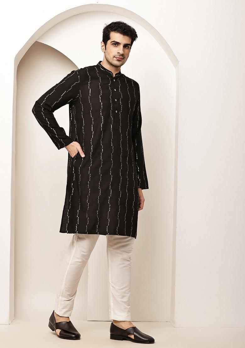 Black Embroidered Viscose Kurta For Men - Indya