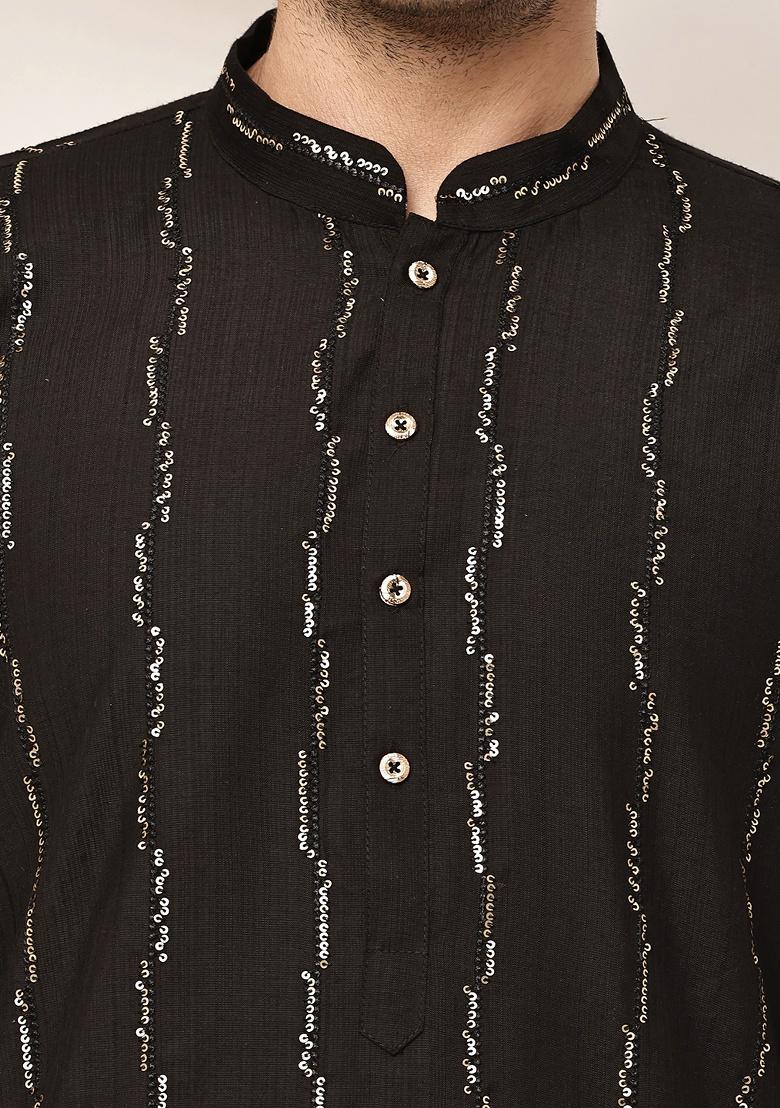 Black Embroidered Viscose Kurta For Men - Indya
