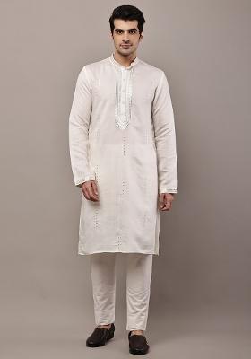 White Embroidered Viscose Kurta For Men