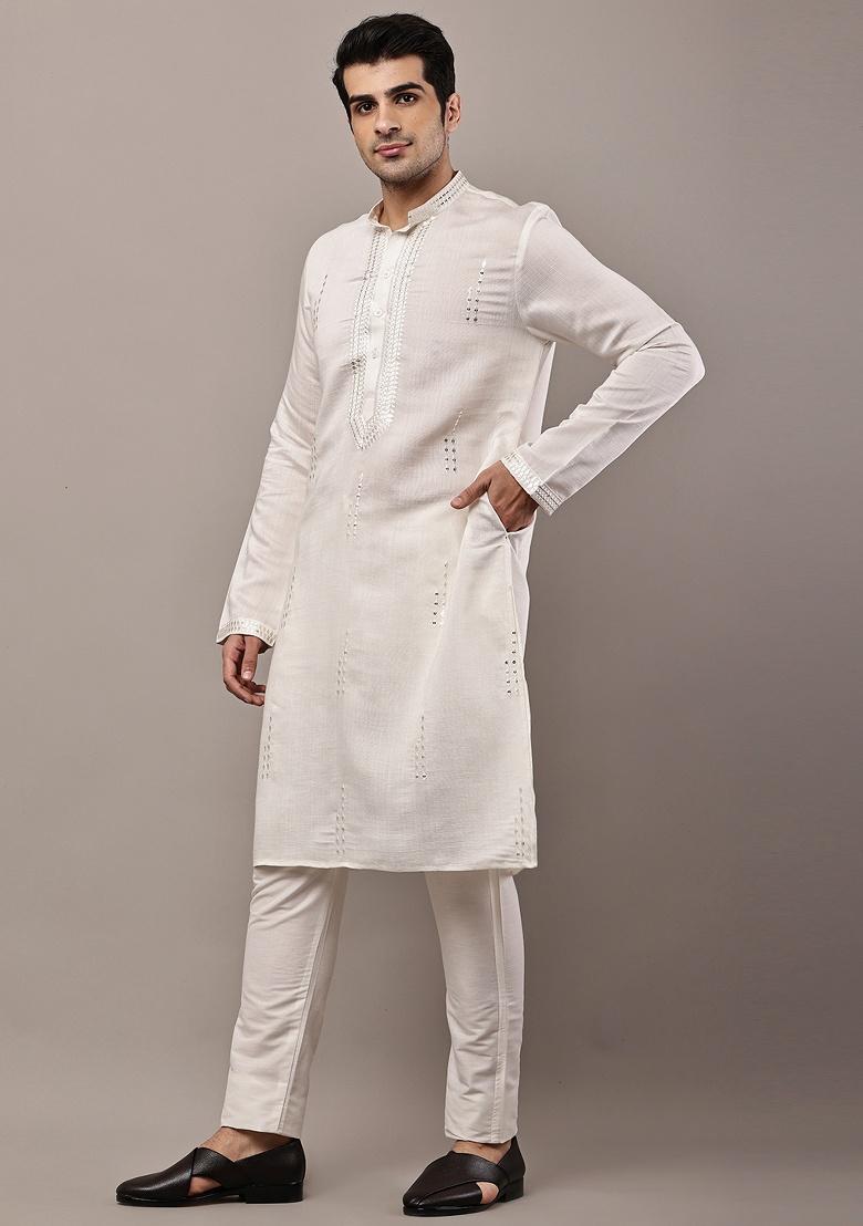 White Embroidered Viscose Kurta For Men - Indya