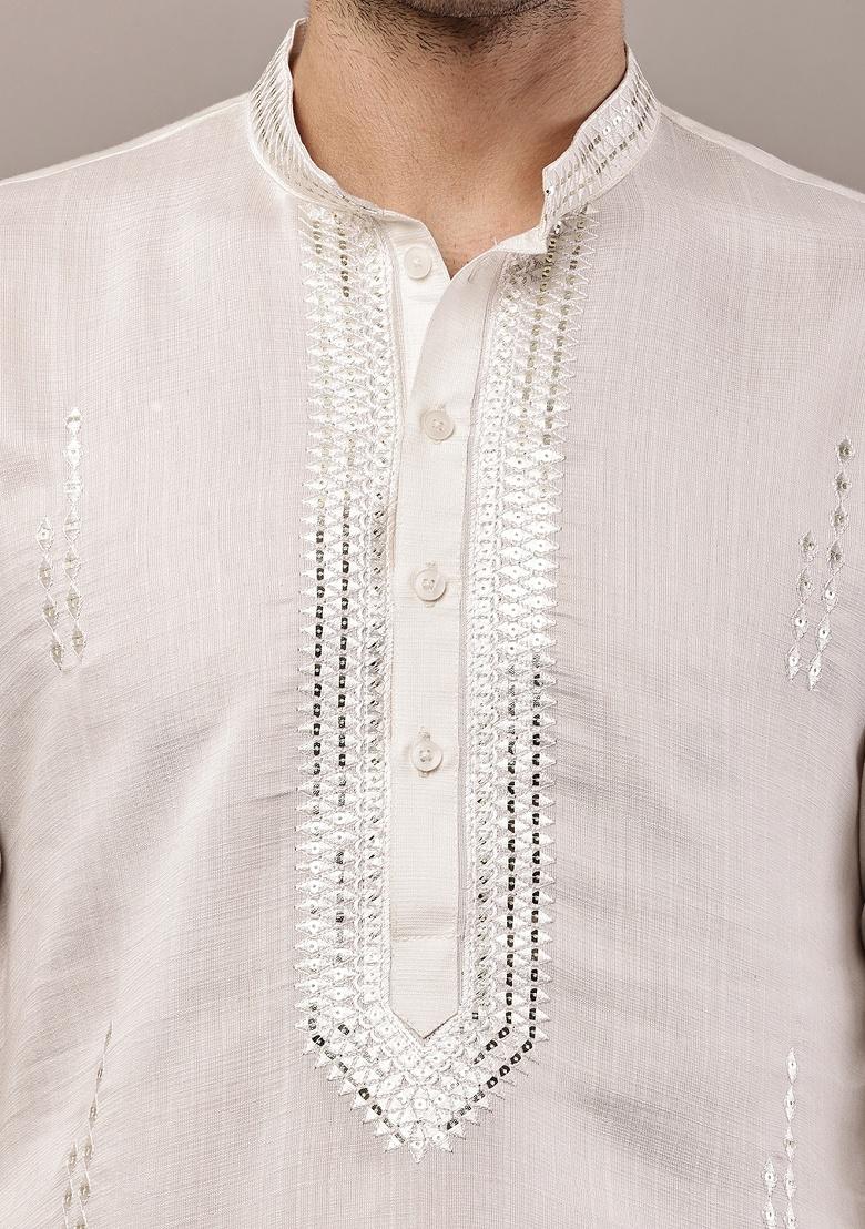 White Embroidered Viscose Kurta For Men - Indya
