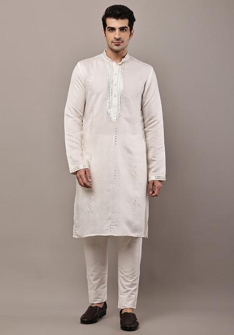 White Embroidered Viscose Kurta For Men