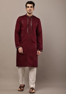 Maroon Embroidered Viscose Kurta For Men