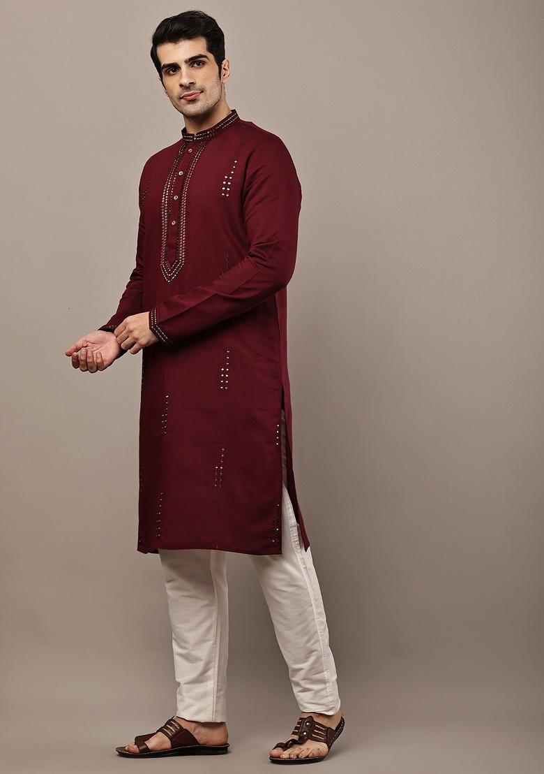 Maroon Embroidered Viscose Kurta For Men - Indya