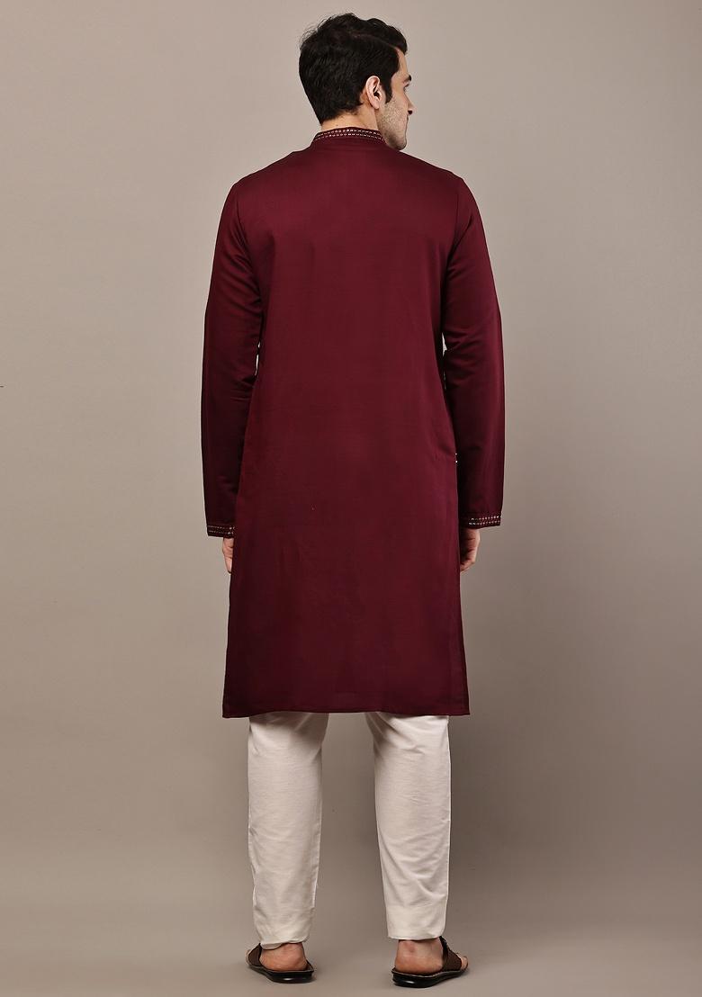 Maroon Embroidered Viscose Kurta For Men - Indya