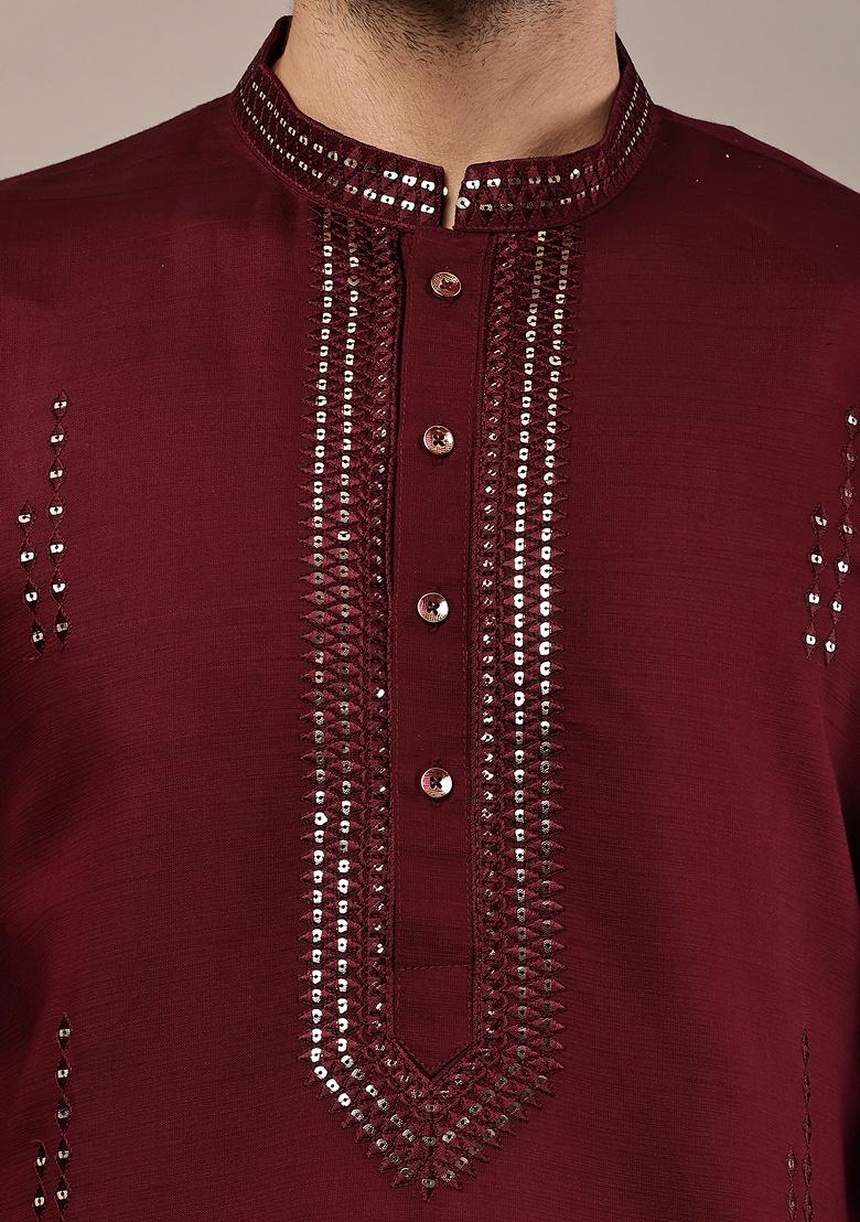 Maroon Embroidered Viscose Kurta For Men - Indya