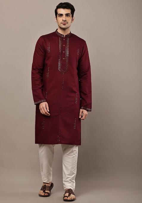 Maroon Embroidered Viscose Kurta For Men