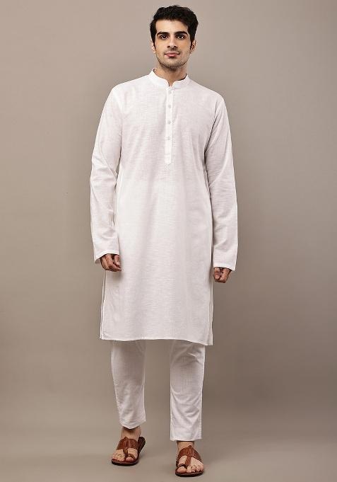 White Solid Viscose Kurta For Men