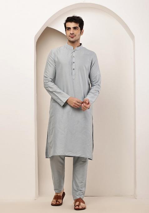 Blue Embroidered Viscose Kurta For Men