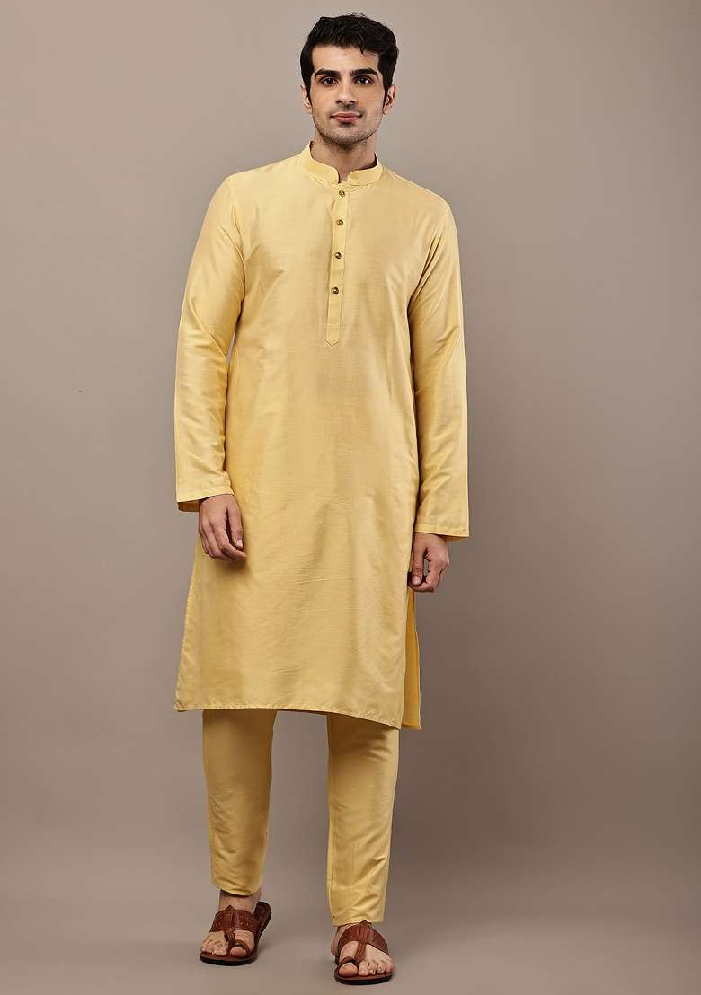 Yellow Embroidered Viscose Kurta For Men - Indya
