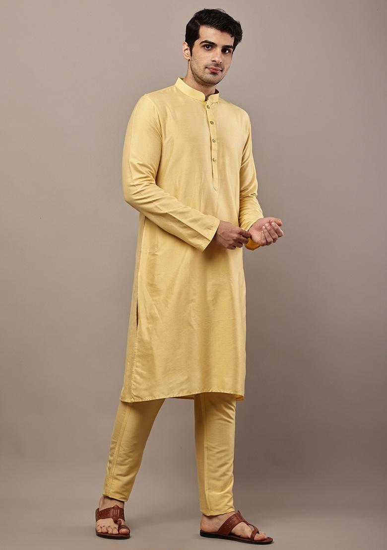 Yellow Embroidered Viscose Kurta For Men - Indya