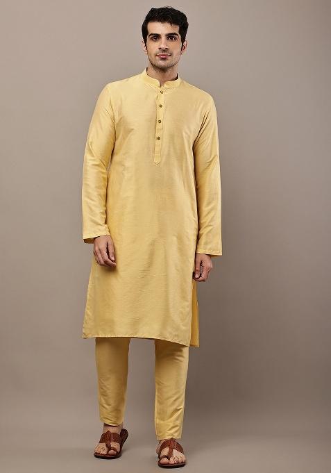 Yellow Embroidered Viscose Kurta For Men