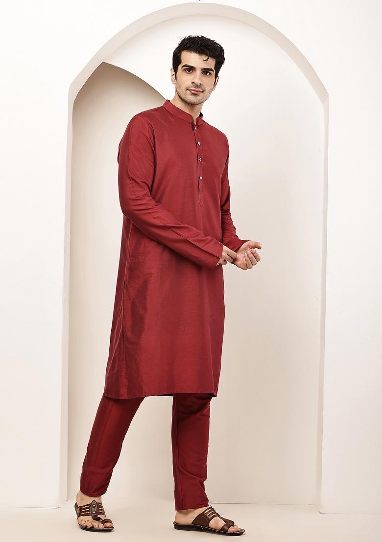 Dark Red Embroidered Viscose Kurta For Men - Indya