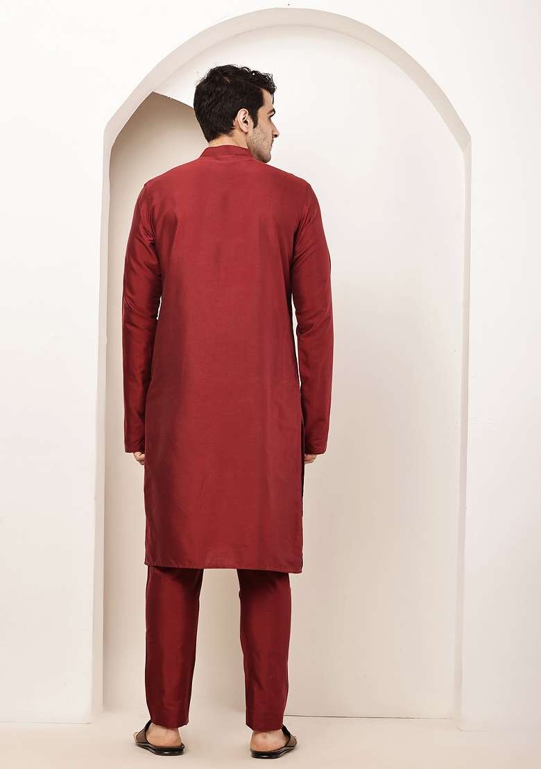Dark Red Embroidered Viscose Kurta For Men - Indya