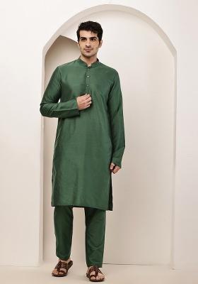 Green Embroidered Viscose Kurta For Men