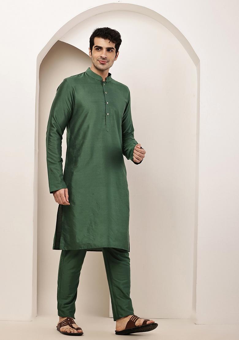 Green Embroidered Viscose Kurta For Men - Indya