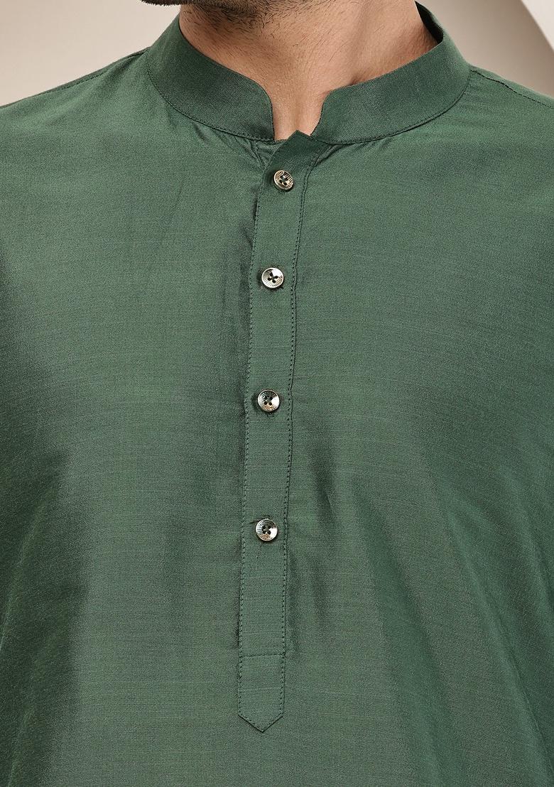 Green Embroidered Viscose Kurta For Men - Indya