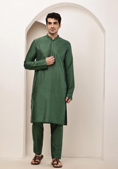 Green Embroidered Viscose Kurta For Men