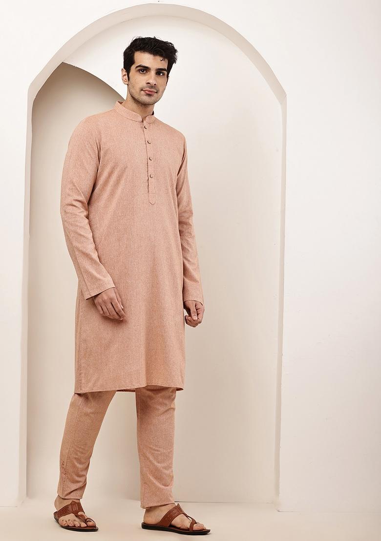 Pink Solid Viscose Kurta For Men - Indya