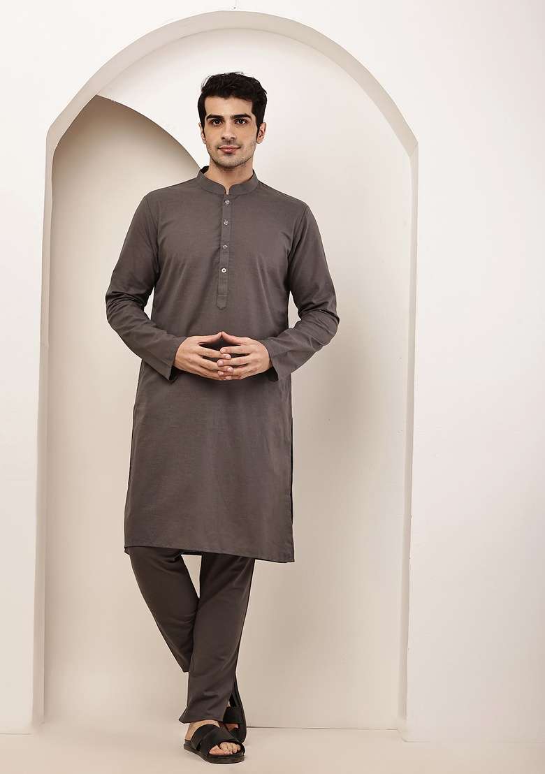 Grey Solid Viscose Kurta For Men - Indya