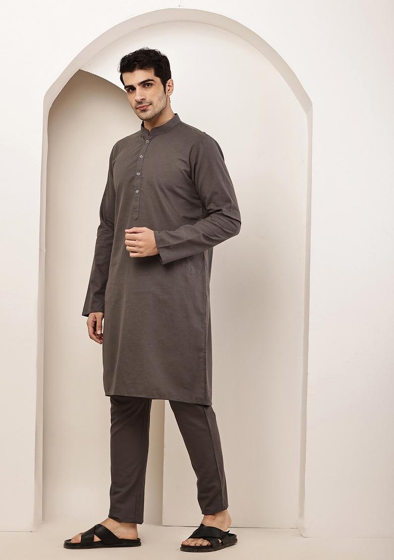 Grey Solid Viscose Kurta For Men - Indya