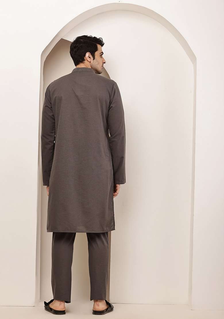 Grey Solid Viscose Kurta For Men - Indya