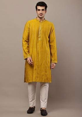 Mustard Embroidered Viscose Kurta For Men