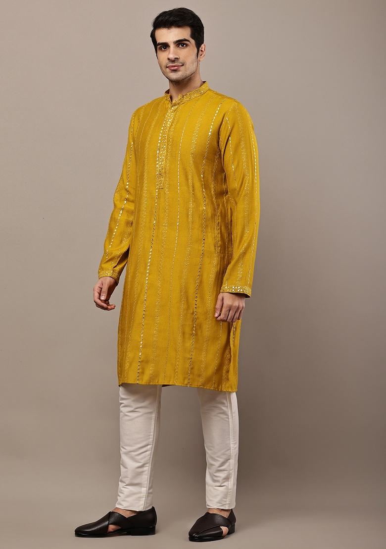 Mustard Embroidered Viscose Kurta For Men - Indya