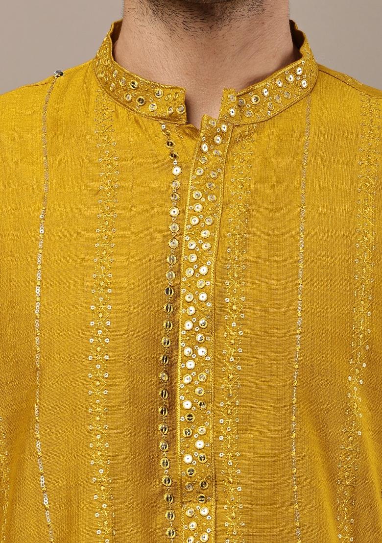 Mustard Embroidered Viscose Kurta For Men - Indya