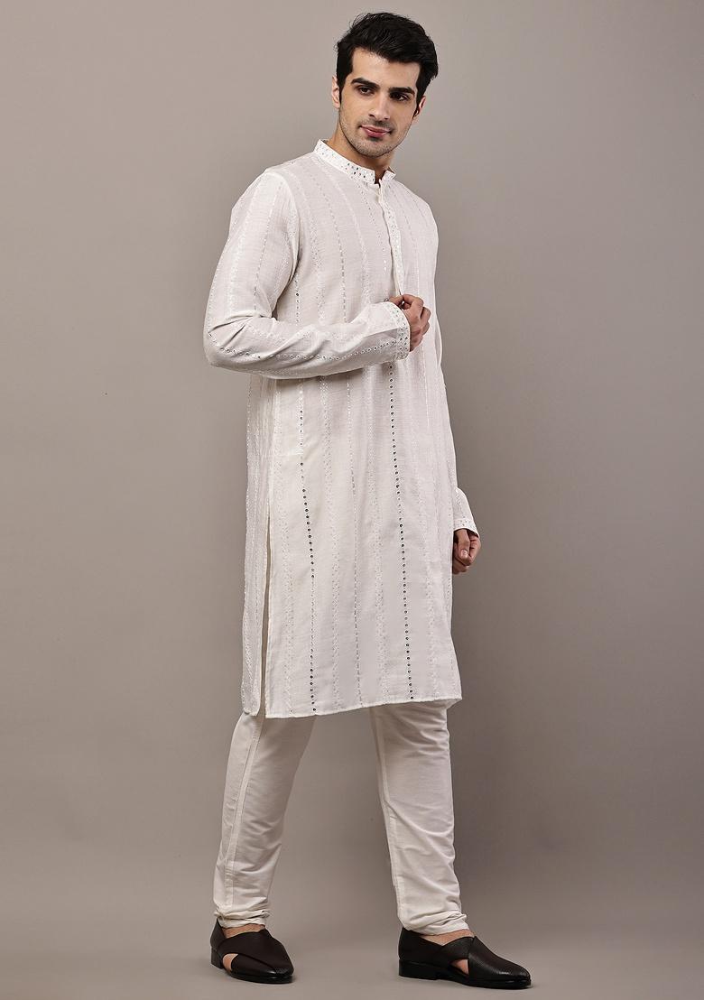White Embroidered Viscose Kurta For Men - Indya