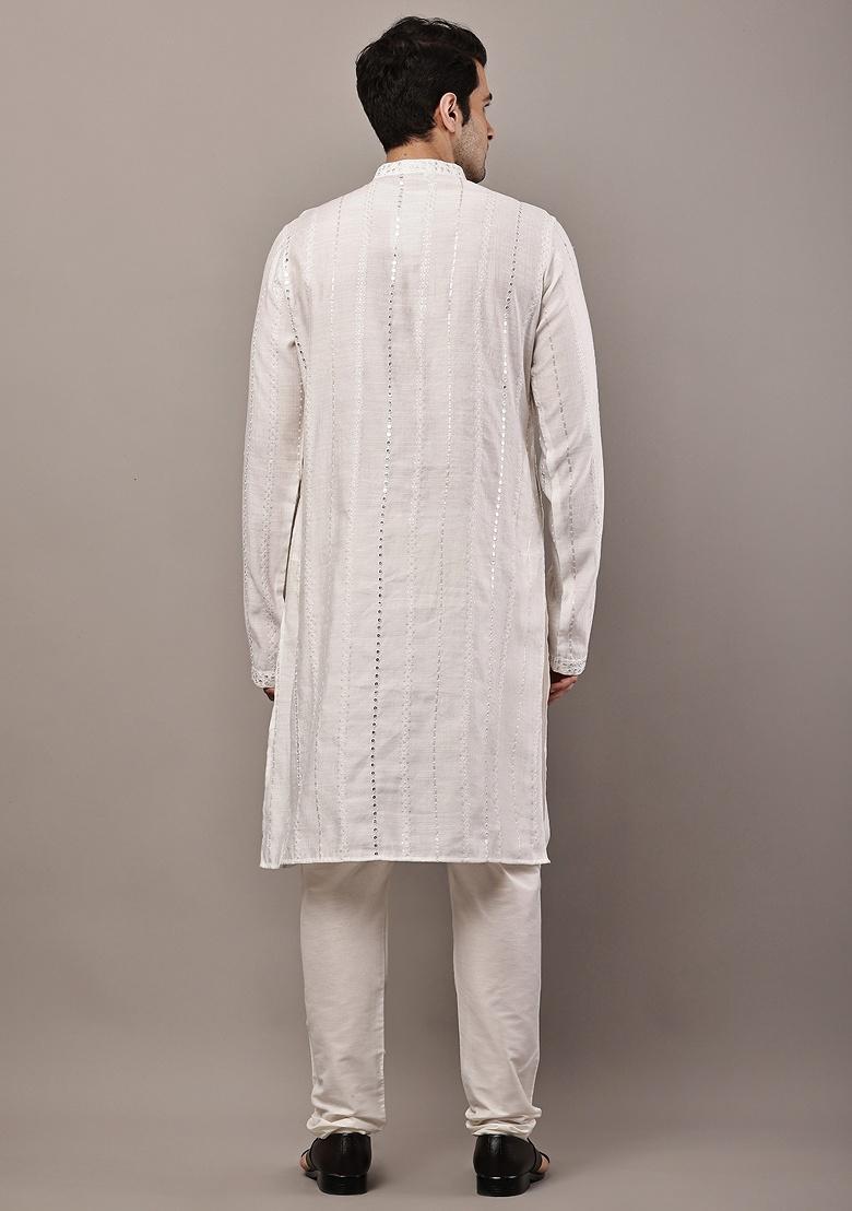 White Embroidered Viscose Kurta For Men - Indya